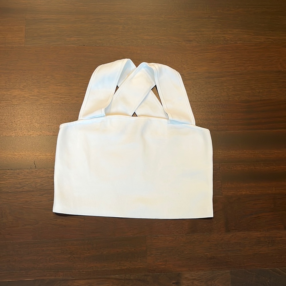 Aritzia Babaton white knit crop top with cross back